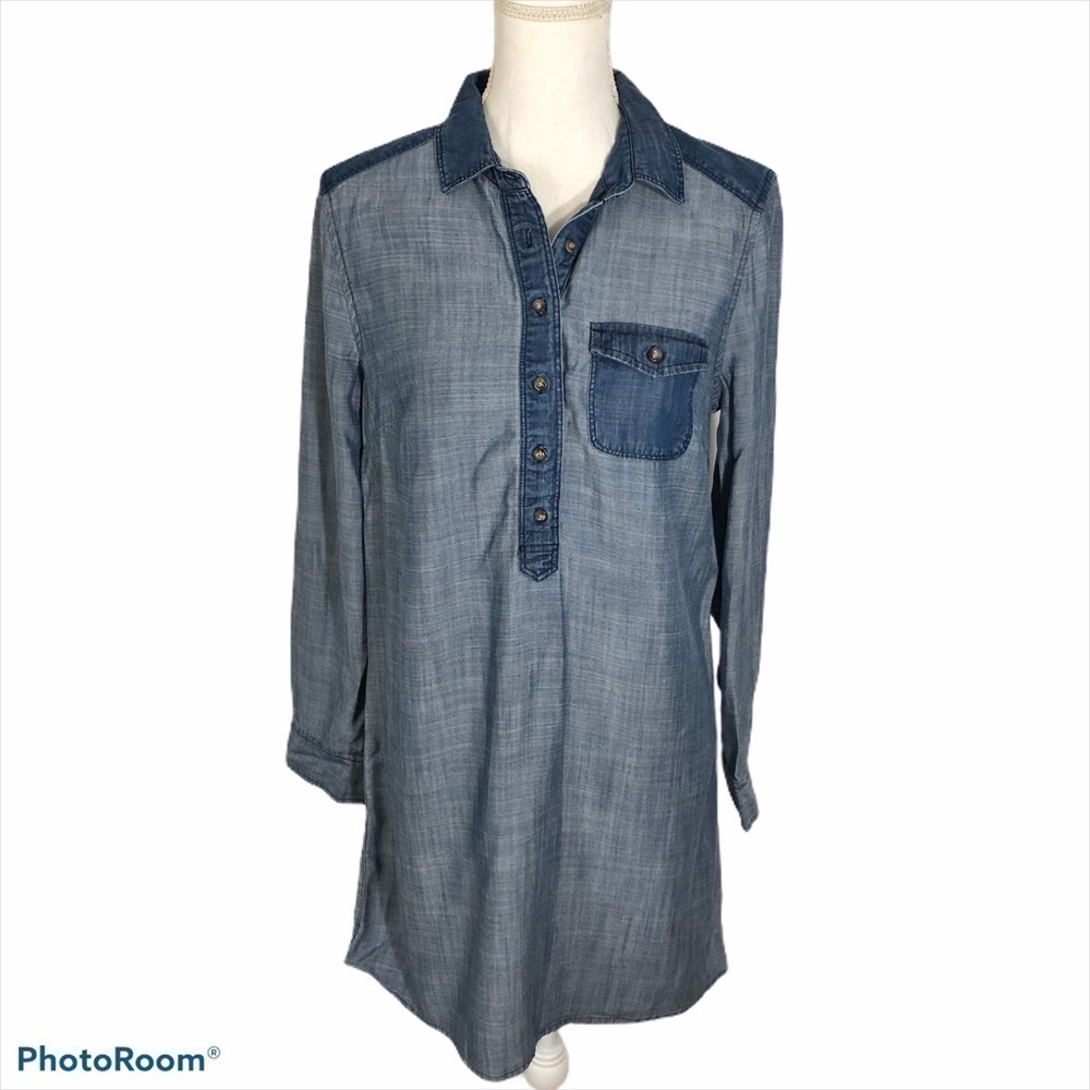 Gap 100% Lyocell Denim Dress XS Long Sleeve Blue Button Down Collared